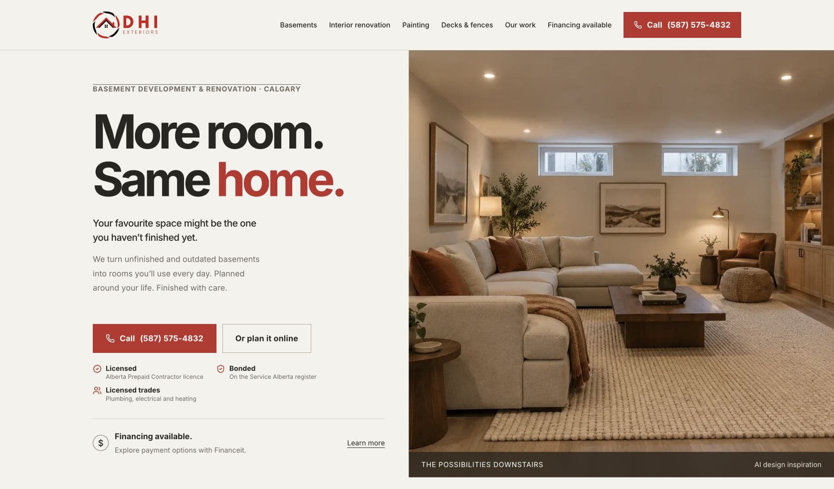 DHI Exteriors homepage with basement renovation inspiration and the heading More room. Same home.
