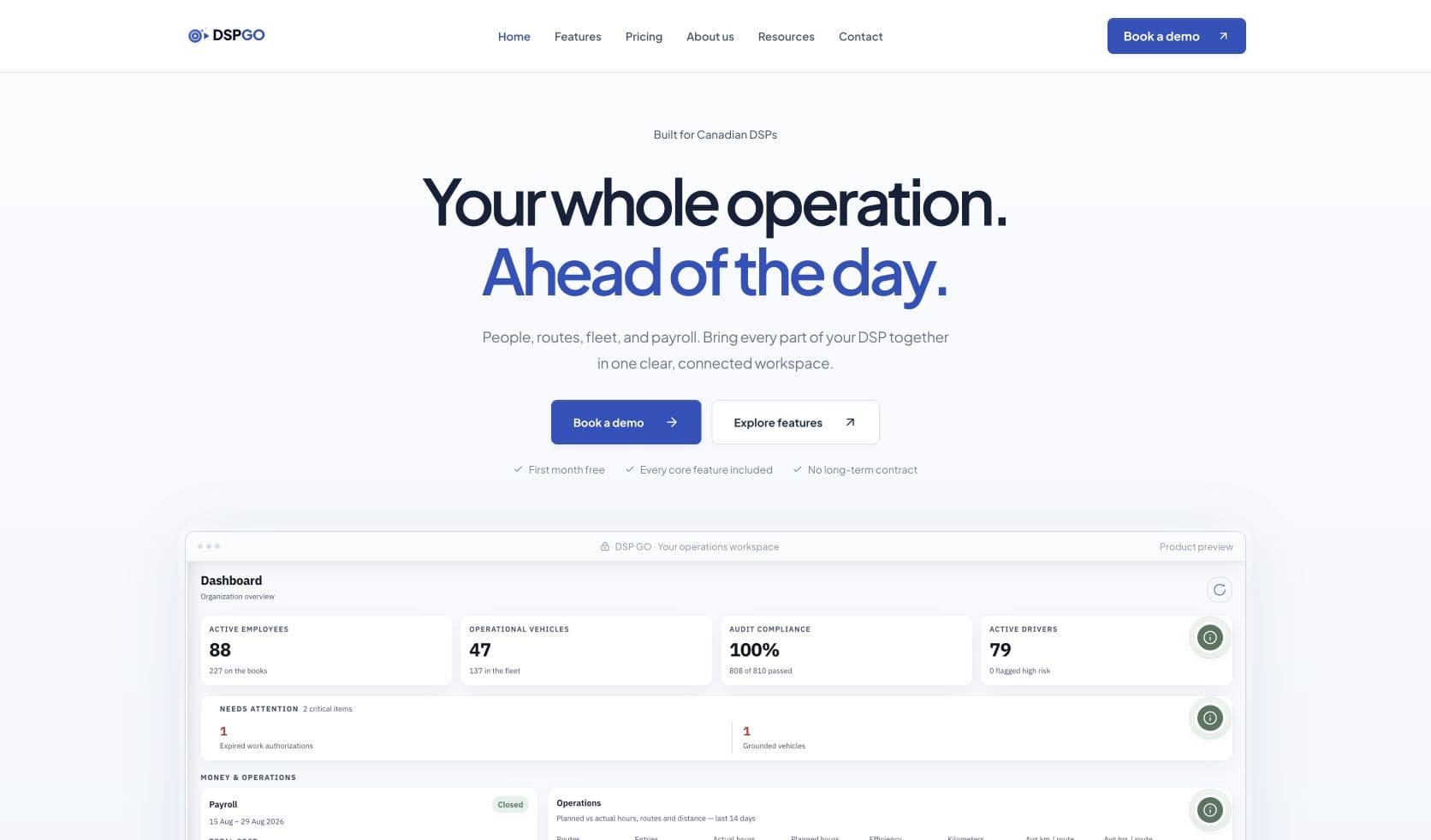 DSP GO homepage with its operations dashboard preview