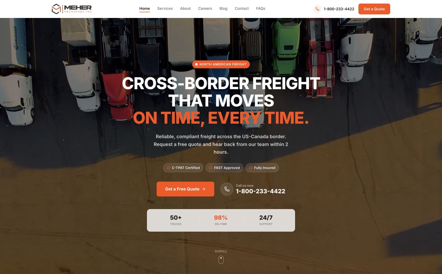 Meher Transport homepage showcasing its North American freight services