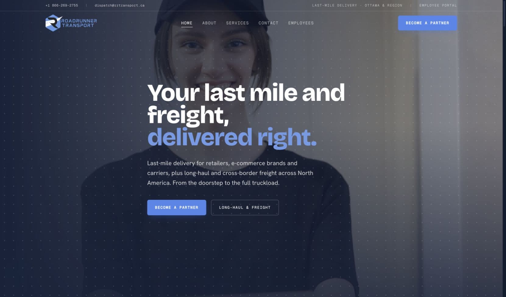 Road Runner Transport homepage introducing its last-mile delivery and freight services
