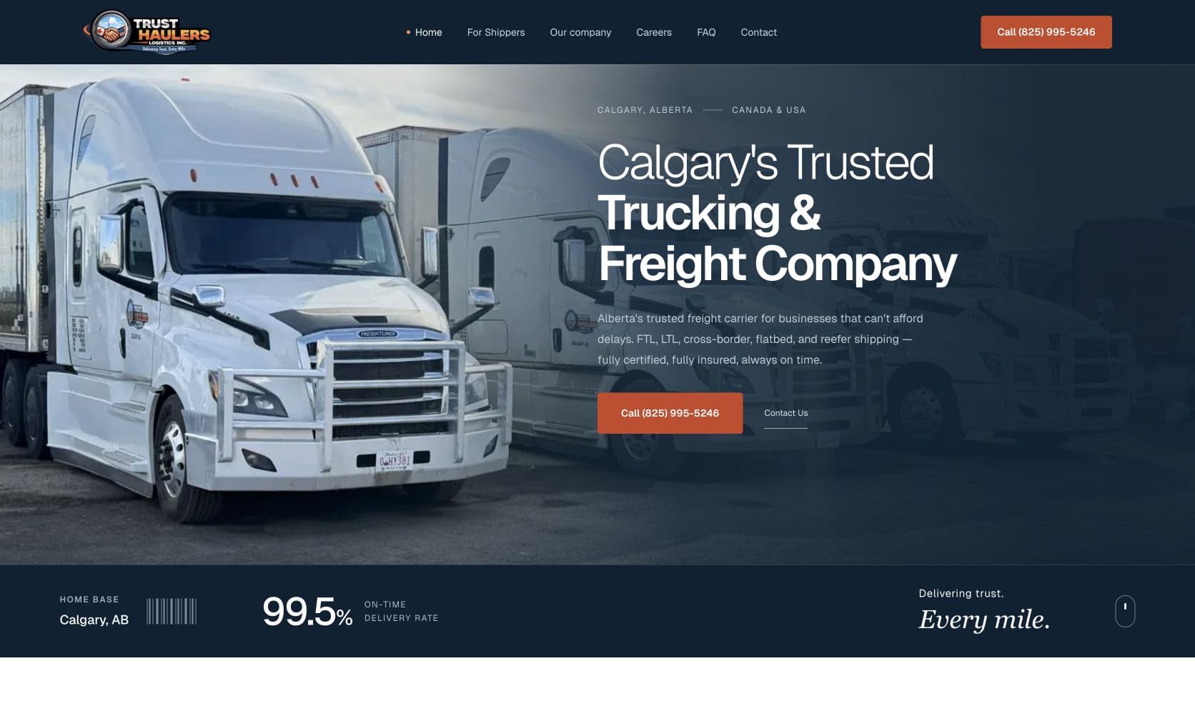 Trust Haulers homepage featuring its Calgary trucking fleet